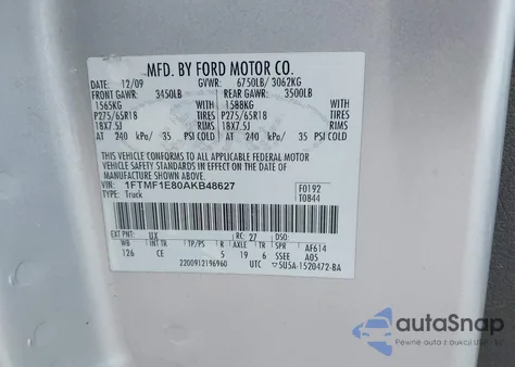 2010 Ford F-150 Stx/Xl/Xlt z USA, uszkodzony, nr VIN 1FTMF1E80AKB48627